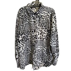 Susan Graver Style Mixed Animal Print Button Front Blouse Gray Black White 1X